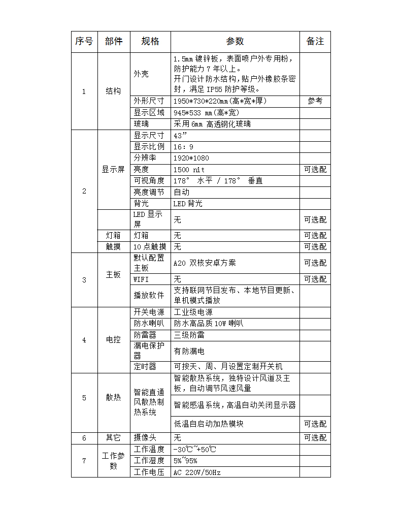 户外广告机参数